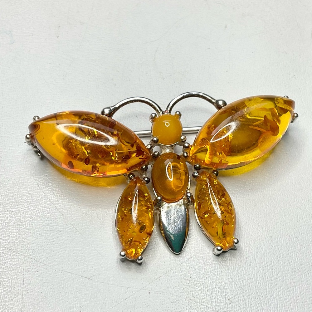 Sterling Silver Amber Butterfly Brooch Poland